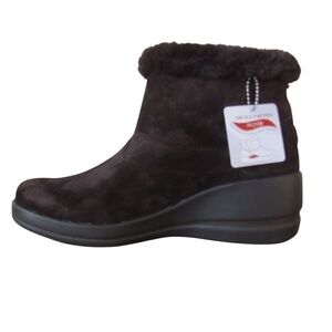 Skechers Arch Fit Rise Boot Bootie 9.5 Dark Brown Suede Leather Faux Fur Trim